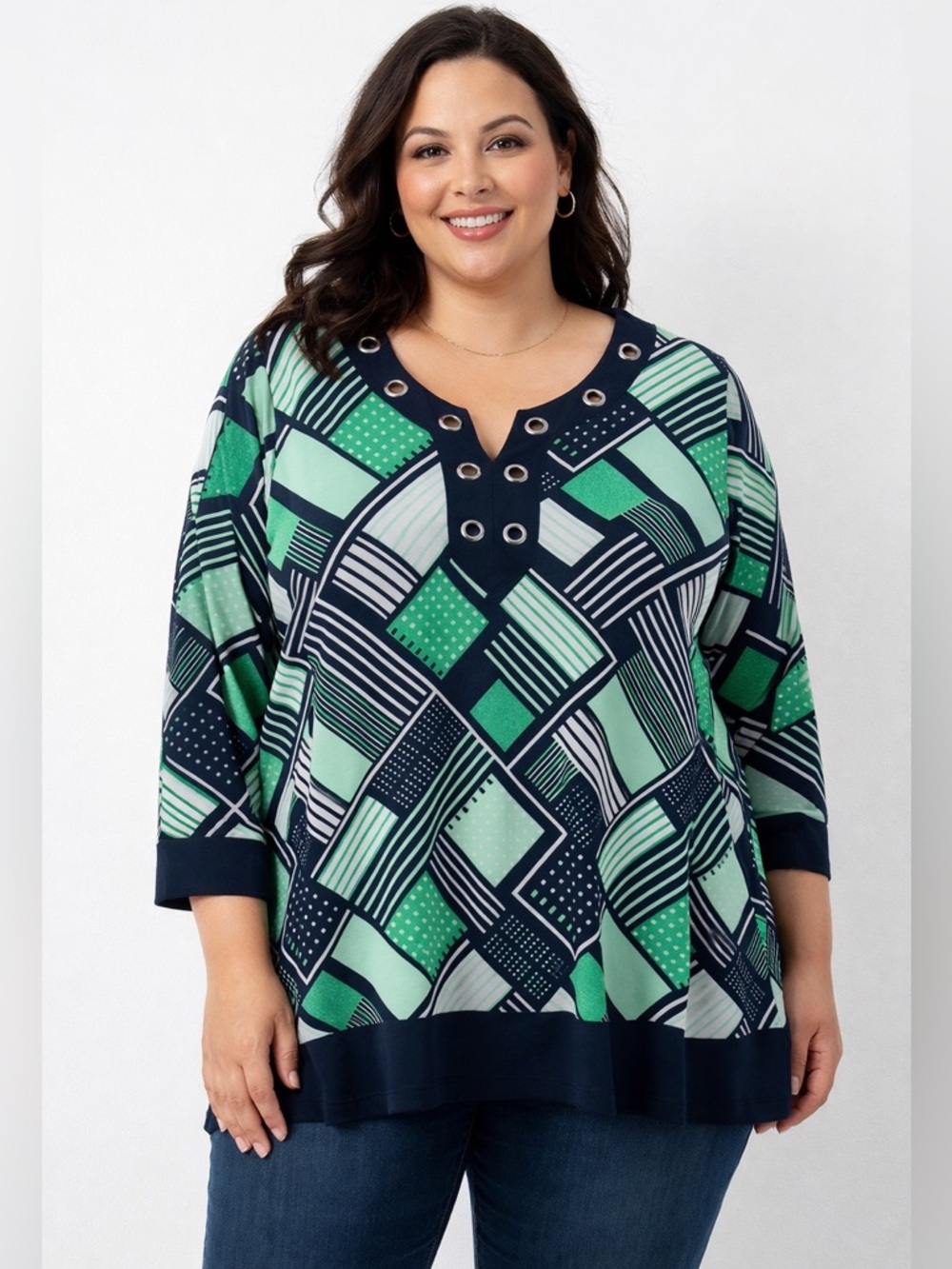 JM Collection Top 3X Navy Green White Print Stretch‎ Casual Workwear Modern